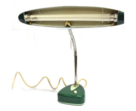 A 1960s JAPANESE 'NATIONAL' ADJUSTABLE DESK LAMP with flourescent bulb, the shade 43cm wide, the base with push button on/off