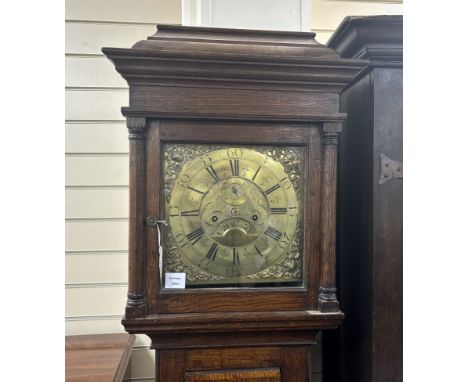 A mid 18th century inlaid oak eight day longcase clock with a square brass dial, Richard Bullock, Ellesmere, height 208cm