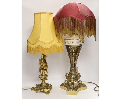 A Victorian-style brass and ceramic table lamp with beaded shade, and one other with cherub figure, tallest 62cm
