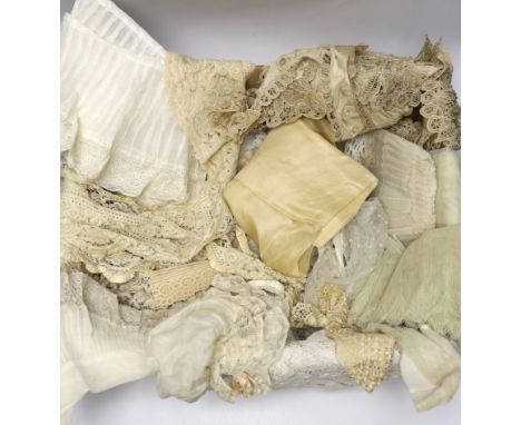 Mixed lace trimmings: a collection of Honiton bobbin lace trimming, a silk tape lace collar, various fine pleated gauze and l