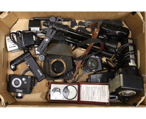 A collection of still  photography items including Nikon, Pentax and Robot cameras, a Manfrotto tripod, an EEL light meter, a