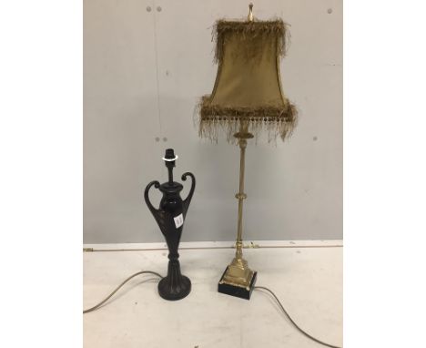 A gilt table lamp with bead shade and a cast metal urn shaped table lamp, larger height 86cm