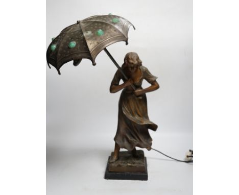 A spelter Art Nouveau-style figural table lamp, lady with an umbrella, 46cm high