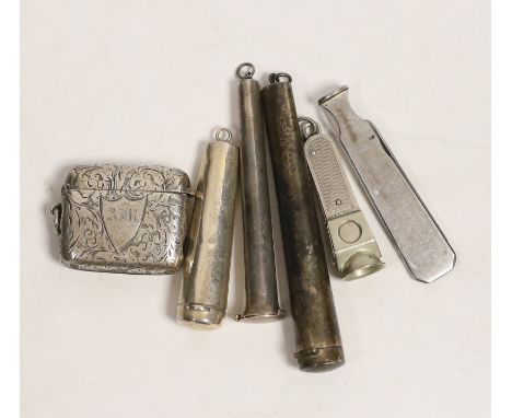 A late Victorian silver combination vesta case/cigar cutter, Birmingham, 1898, 46mm, three silver cheroot holder cases, a sil