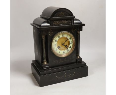 A Victorian slate mantel clock, French movement striking on a gong, dial signed Benetfink, 24cm wide