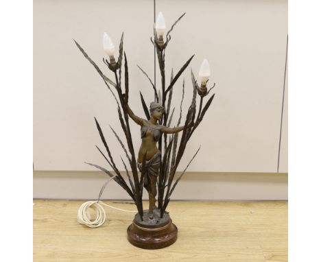 A French Art Deco-style spelter table-lamp, girl dancer amidst  bullrushes, 83cm high