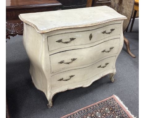 An 18th century style painted pine bombe commode, width 97cm, depth 46cm, height 80cm