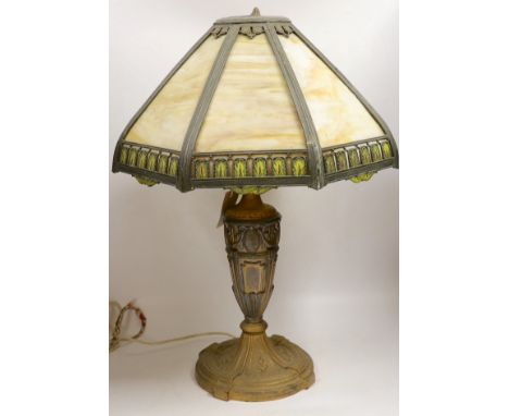 A Louis XVI style gilt spelter table lamp with octagonal Tiffany style glass shade, 58cm high