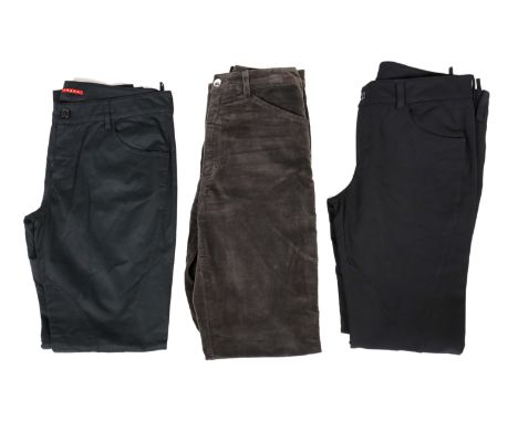 Two pairs of lady's black Prada trousers and one pair of Versace brown velvet trousers, two jodhpur style Prada trousers and 