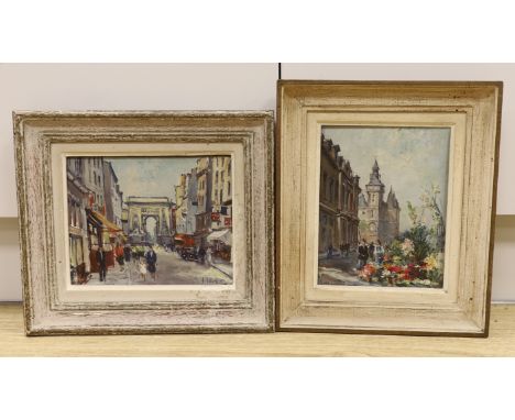 André Michel (French, b.1945), pair of impressionist oils on canvas, Parisian street scenes, signed, 22 x 17cm