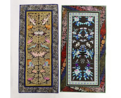 A pair of Chinese gold thread embroidered sleeve bands stitched together as an item with brocade border and a pair of polychr