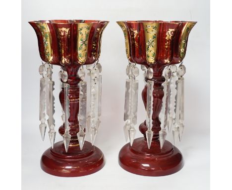 A pair of Continental overlaid ruby glass table lustres, 34.5cm
