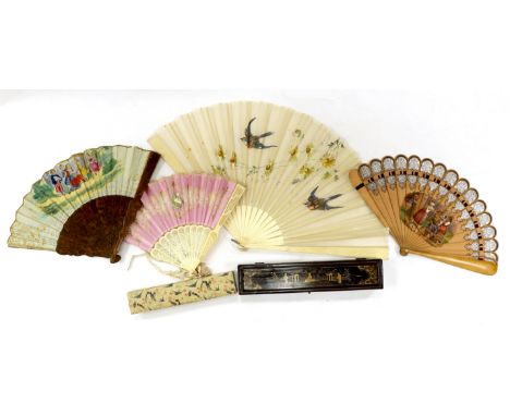 A Chinese lacquer fan box and a paper covered fan box, two Victorian fans painted with scenes of children playing, a gauze pa