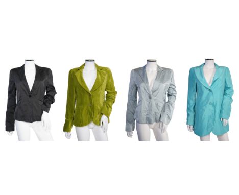 Four Emporio Armani lady's jackets, light blue silk jacket, grey satin finish jacket, black satin finish and green velvet, li