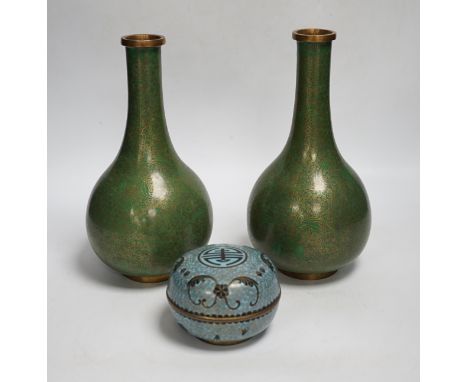 A pair of Chinese cloisonne enamel vases and a box and cover, tallest 23cm