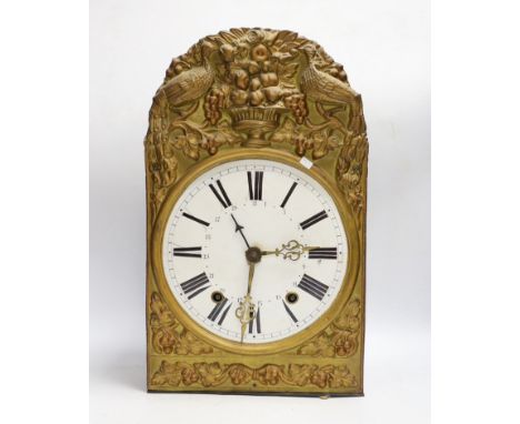 A 19th century French eight day longcase clock movement, with circular enamelled dial with weights, clock front 45cm high