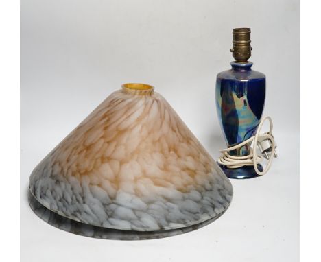 Two coloured glass shades and a lustre table lamp, shades 34cm diameter