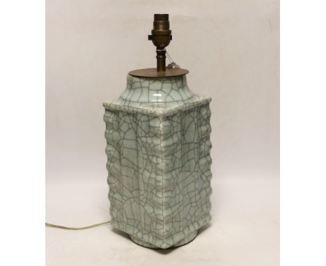 A Chinese crackle glaze Cong vase converted to a table lamp, early 20th century, 29cm high