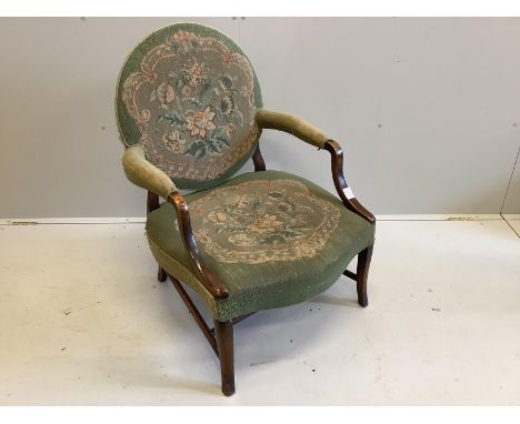 A George III style mahogany elbow chair, with tapestry back and seat, width 66cm, depth 60cm, height 90cm