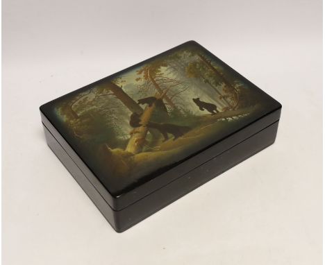 * * A Russian lacquer rectangular box, by Fedoskino, painted with the scene ‘Morning in the wood’ , based on the original pai