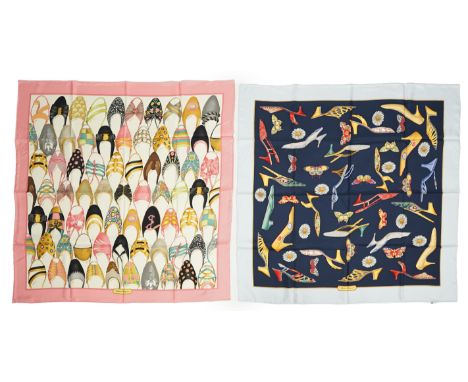 Two Salvador Ferangano shoes, flowers and butterflies silk scarves, one with a navy blue background and light grey border, th