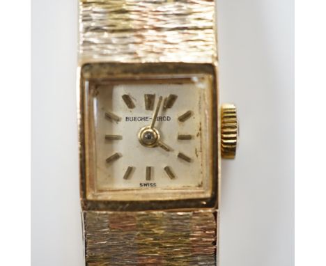 A lady's 9ct three colour gold Beuche Girod manual wind bracelet wrist watch, overall 16.7cm, gross weight 30.1 grams.