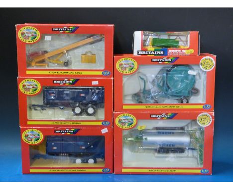 Six Britains Authetic Farm Models 1:32 scale diecast model tractor accessories, to include trailers, tankers etc (all in orig