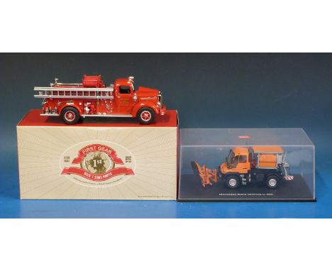 First Gear diecast model 1:34 scale Mack L Series Pumper, together with a Schuco Mercedes-Benz Unimog U300 (both in original 