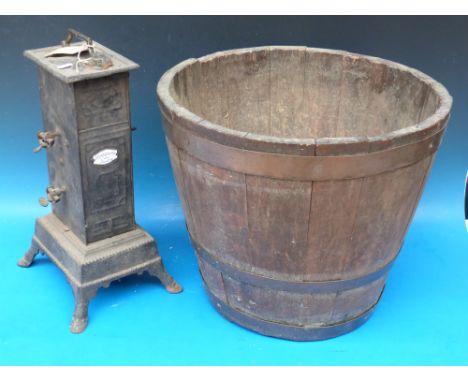 A coopered fire basket together with an Edard et Fils, Condom, France vintage clockwork meat jack 