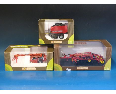 Three Universal Hobbies 1:32 scale diecast model farm implements, Massey Fergusson 169V bailer, a Kuhn FC 303 GC and a Vaders