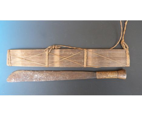 A Naga Indian / Burmese tribal machete with woven handle and wooden sheath