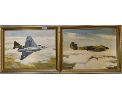 A set of eight framed oil on board of vintage Gloster aircraft by R.M.Virgoe