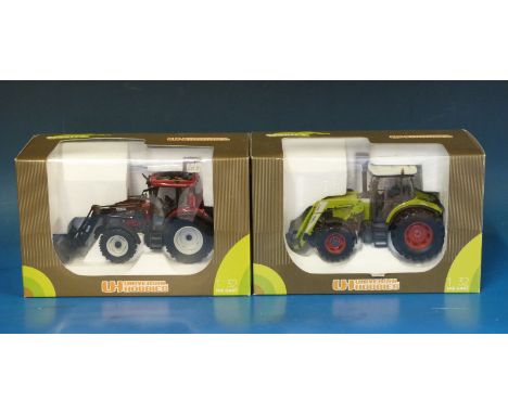 Two Universal Hobbies 1:32 scale diecast model tractors, Claas Ares 577 ATZ with front loader FL120 and Valtra C series with 