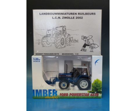 Two 1:32 scale diecast model tractors, Imber Models Ford Powerstar 6640 limited edition and Landbouwminiaturen Ruilbeurs LCN 