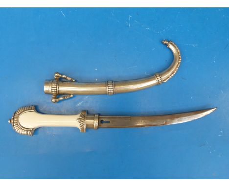 A Moroccan dagger in curved white metal  scabbard with Moroccan ram's head silver marks to all outer metal parts (length 41cm