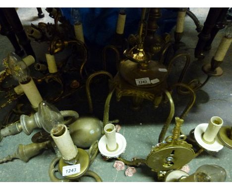 Brass chandelier, pair of ceramic wall lights, pair of brass wall lights and one other 
