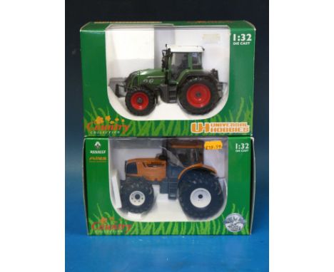 Two Universal Hobbies Country Collection 1:32 scale diecast model tractors, Fendt 818 Vario and Renault Atles 935R2 (both in 