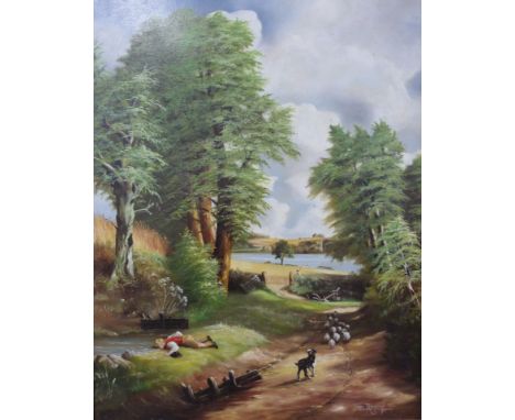 Two Barry Robinson oils on board 'The Cornfield after Constable' (60 x 44cm) and 'The Village Stocks' dated 75 and signed bot