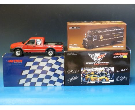 Three Action Collectables diecast model vehicles, 1:18 scale Ford Ranger European Version 2000 in red, 1:18 scale Corvette an