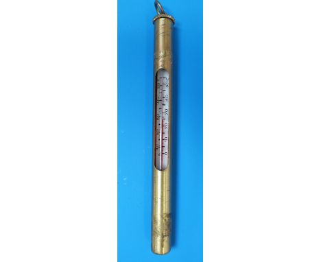 A Hardy England brass cased fisherman's thermometer, 14cm long. 