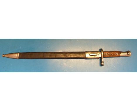 A c1900 bayonet, cross hatching to handle, indistinct stamp to  blade EPIA? No 49245, 39.2 fullered blade, in non-original sc