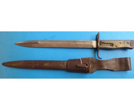 A German Ersatz bayonet and scabbard with original leather frog, crowned 3 to edge of 31cm blade