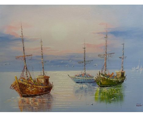 Oil on canvas of a sailing ship indistinctly signed, possibly Ambroze (60cm x 90cm), together with another oil of fishing boa