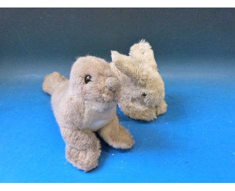Two Steiff animals, a seal and a rabbit, both with original button and label