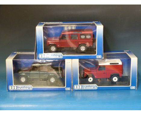 Three Universal Hobbies 1:18 scale diecast model Land Rovers (all in original boxes)