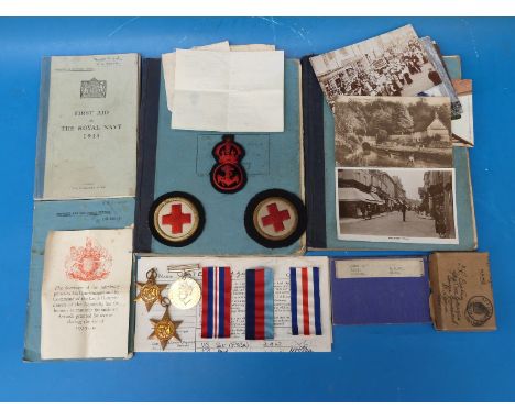 Three WW2 medals and ribbons awarded to Mr  R G Coates, his certificate of service, various Royal Navy booklets and related p