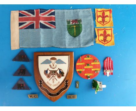 A collection of rare Rhodesian military cloth badges, insignia, a pennant and a Rhodesian Light Infantry shield plaque