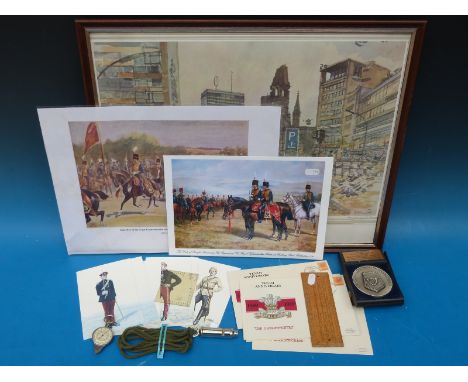 A quantity of military ephemera including Ken Howard limited edition (66/100) print "Tanks Through Berlin", first day covers,