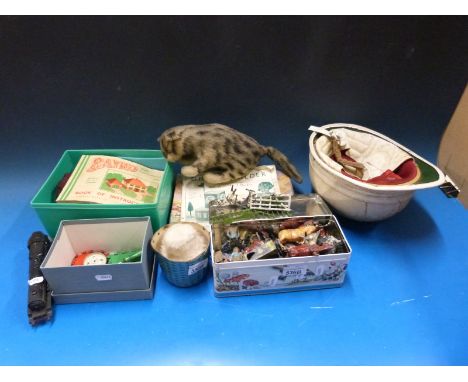Lead farm animals, sentry boxes and figures, Princess Victoria electric locomotive, clockwork puppy in basket, a possibly Ste