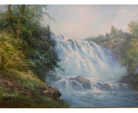 R Ronford: Oil on canvas of a waterfall, another oil on canvas of two dogs chasing a rabbit, various prints and frames etc